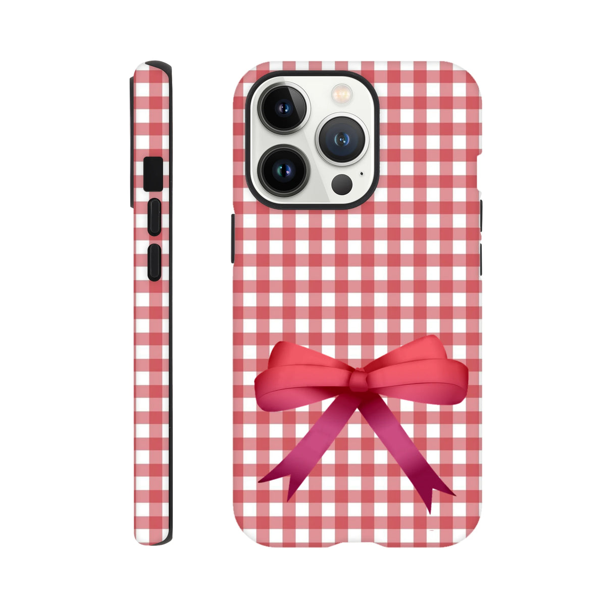 Red gingham iPhone case with a large pink bow featuring a tough wraparound print for iPhone 13-16.