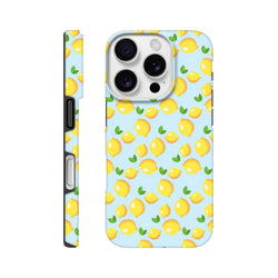 Cute lemon pattern iPhone case with fresh yellow fruit and green leaves on a light blue background foriPhone 13-16 protection.