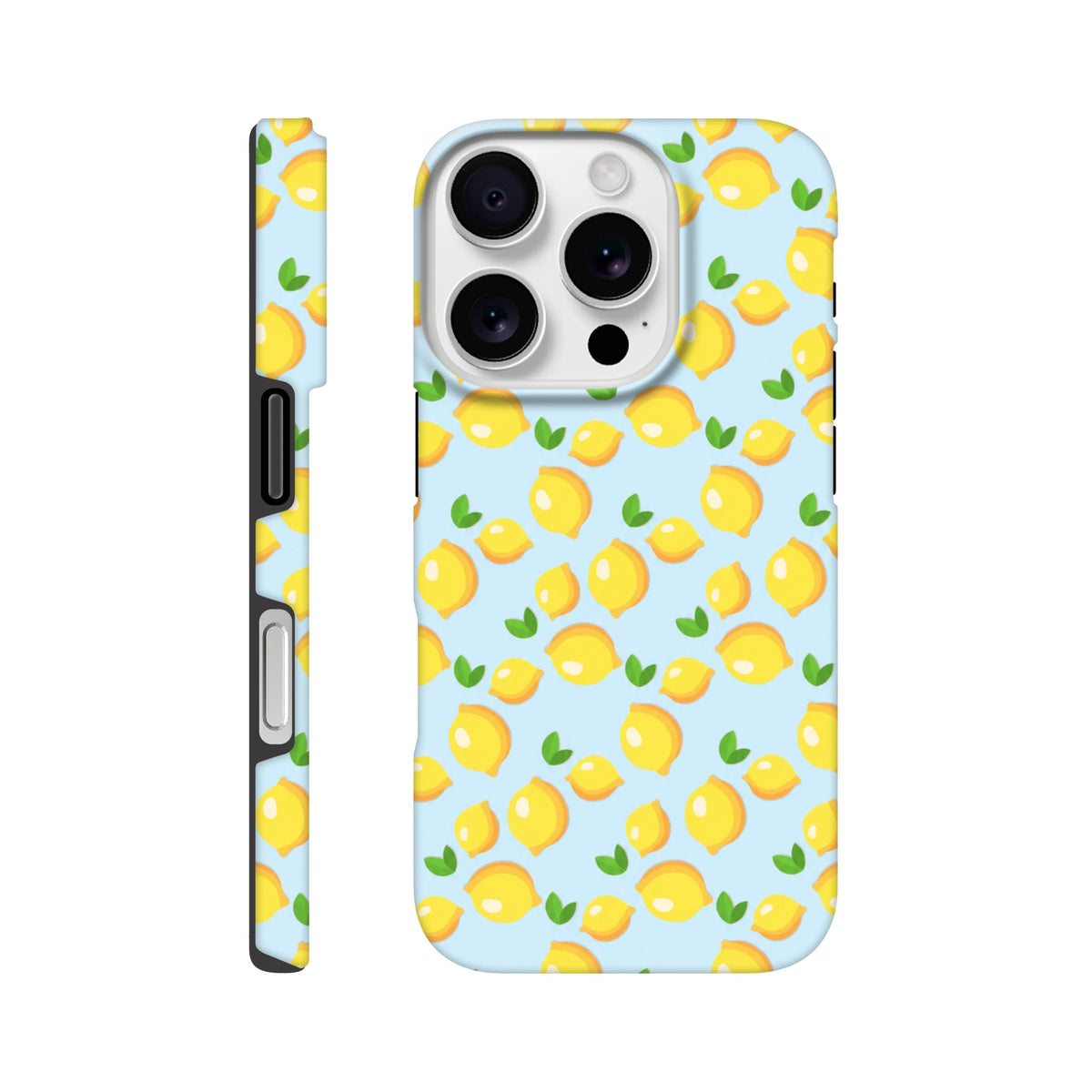 Cute lemon pattern iPhone case with fresh yellow fruit and green leaves on a light blue background foriPhone 13-16 protection.