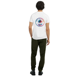 Back view of man wearing white Vintage Palm Tree Graphic T-Shirt for Men with colorful palm circle design.