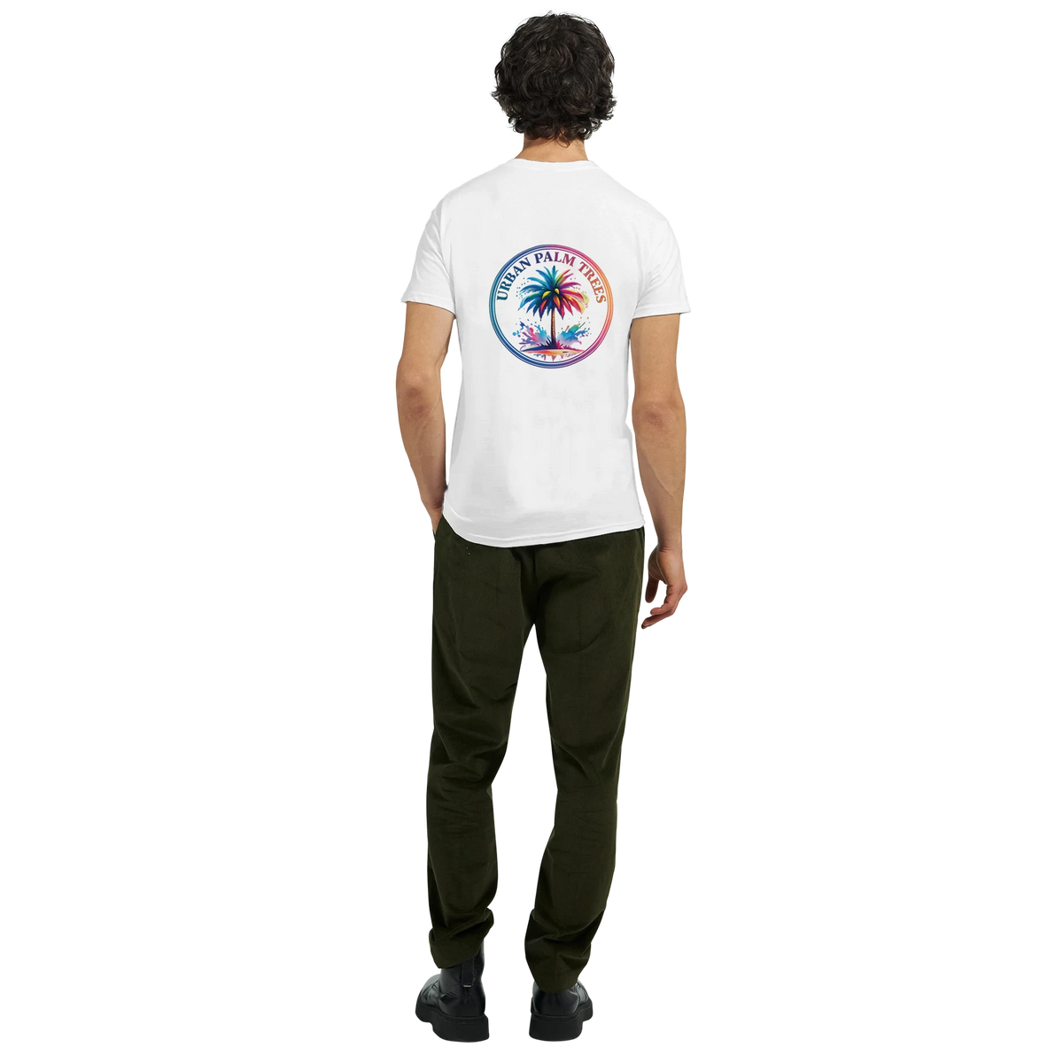 Back view of man wearing white Vintage Palm Tree Graphic T-Shirt for Men with colorful palm circle design.