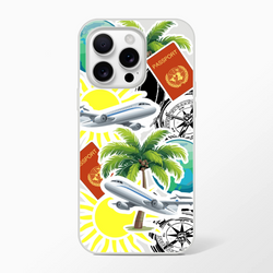 Transparent iPhone case featuring a collage of travel stickers including palm trees, airplanes, passports, and compasses for urban exploration.