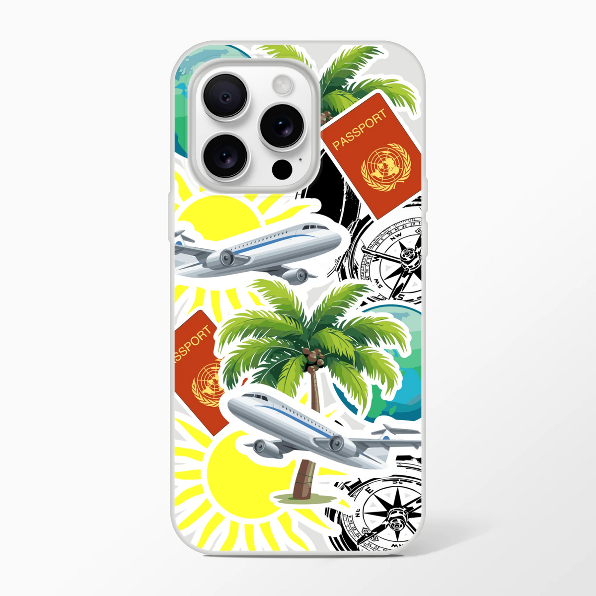 Transparent iPhone case featuring a collage of travel stickers including palm trees, airplanes, passports, and compasses for urban exploration.