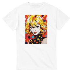 White men's t-shirt featuring a vibrant 70s pop art graphic of a blonde woman with colorful polka dots and retro psychedelic background.