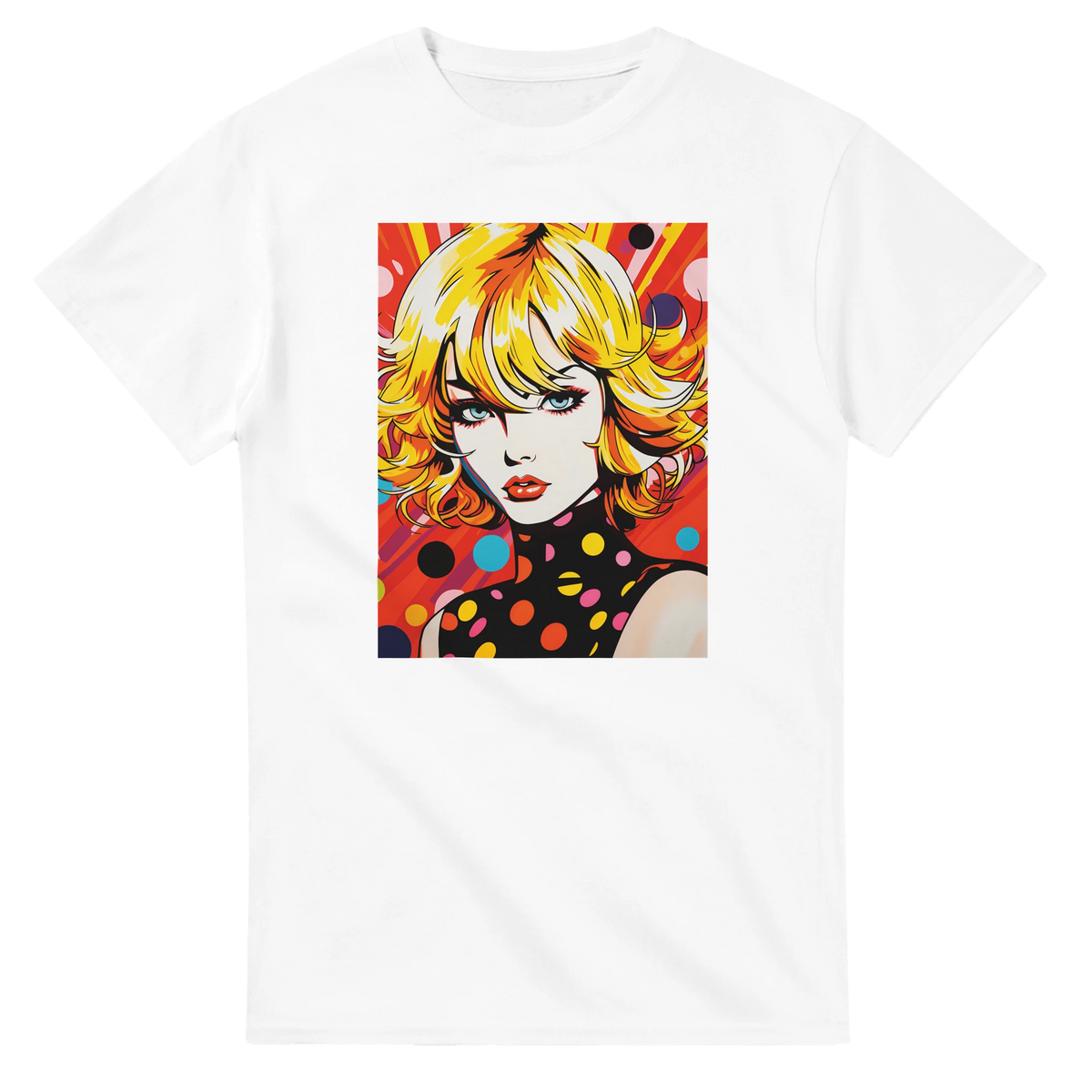 White men's t-shirt featuring a vibrant 70s pop art graphic of a blonde woman with colorful polka dots and retro psychedelic background.