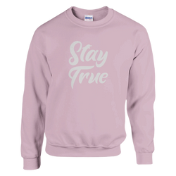 Pastel lilac women's Stay True sweatshirt with white script on front.