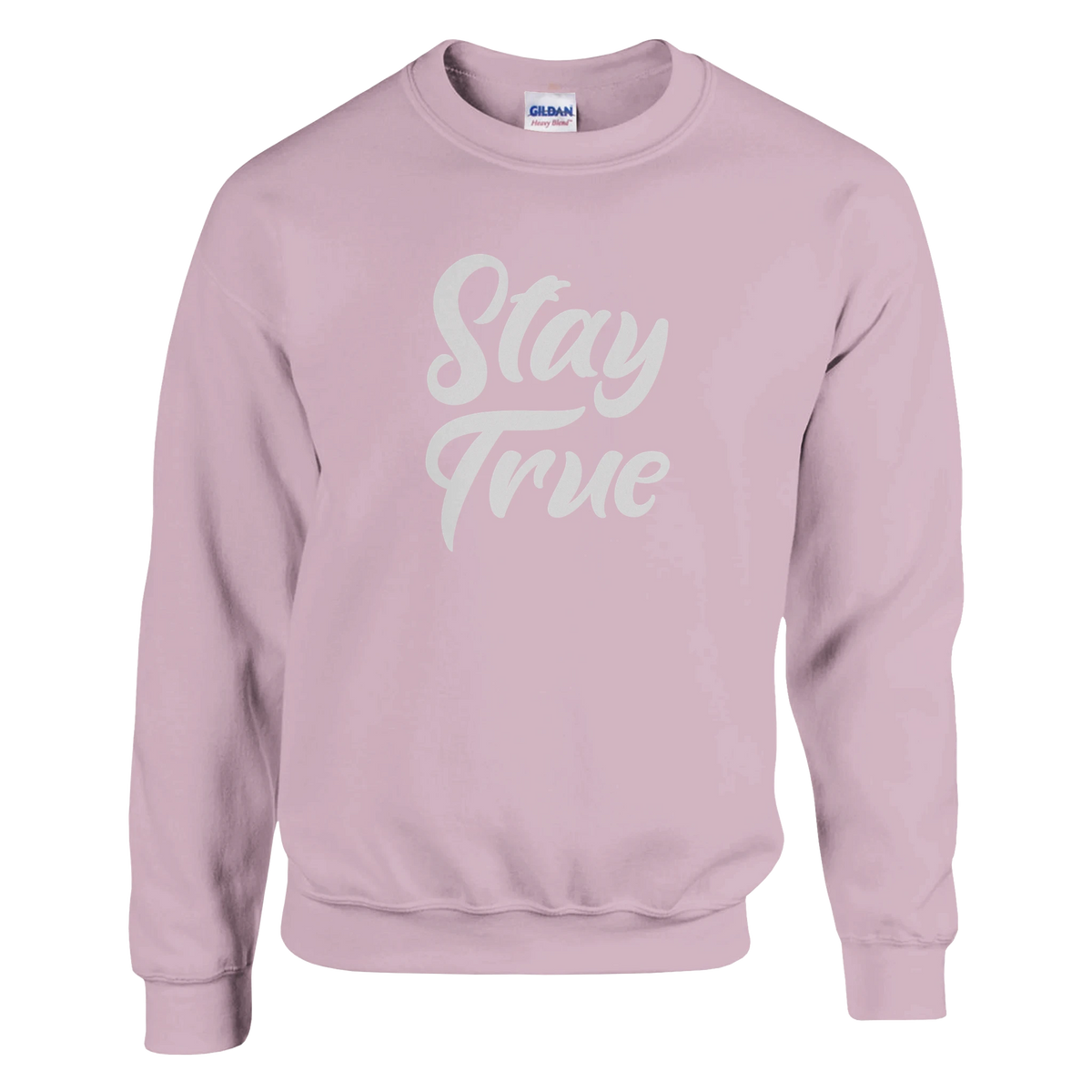 Pastel lilac women's Stay True sweatshirt with white script on front.