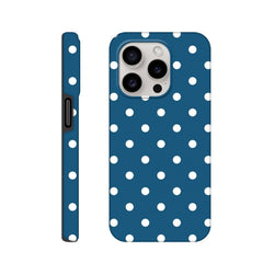 Navy blue tough iPhone case with white polka dots, featuring shock-absorbing TPU and opaque gloss wraparound graphics for iPhone 13-16.