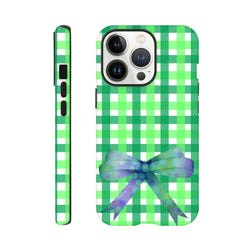 Green gingham iPhone case with blue polka dot bow, featuring a tough coquette design for iPhone 13-16.