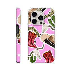 Pink Western iPhone case featuring cowboy boots, cactus, horseshoe, and longhorn skull motifs on a vibrant background.