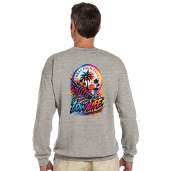 Gray sweatshirt back featuring colorful "Low Life" graphic with shock absorber, palm trees, and sunset for modified car culture.