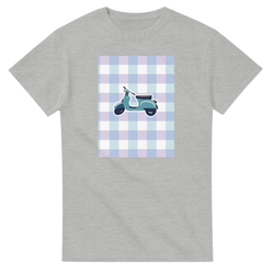 Grey retro gingham graphic tee featuring a pastel blue scooter. Cute streetwear top for women styled with cargos or denim shorts.