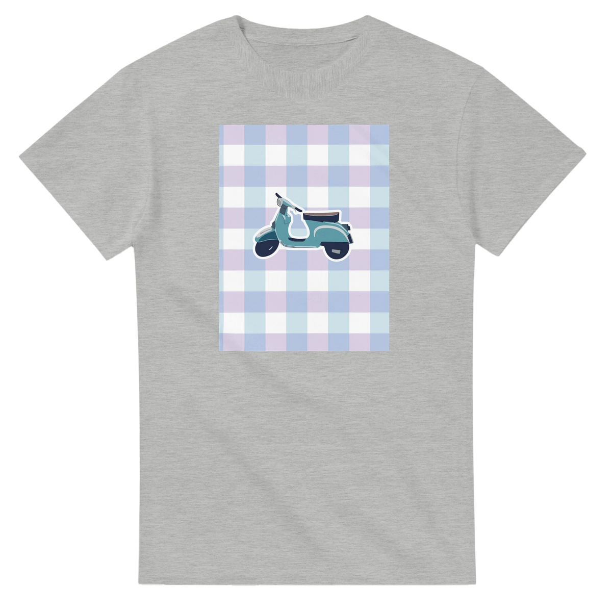 Grey retro gingham graphic tee featuring a pastel blue scooter. Cute streetwear top for women styled with cargos or denim shorts.