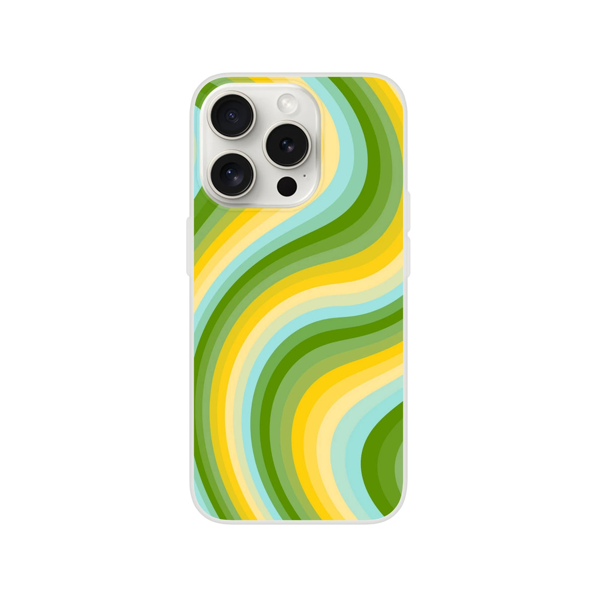 Retro green and yellow wave iPhone case with groovy Y2K swirl; slim matte, shock-absorbing cover for iPhone 13–16.