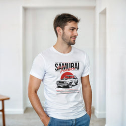 Male model wearing a white cotton-blend short-sleeve graphic T-shirt featuring a vintage car design.