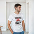 Male model wearing a white cotton-blend short-sleeve graphic T-shirt featuring a vintage car design.