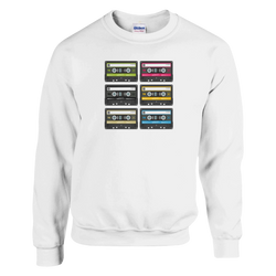 White women's sweatshirt featuring six colorful retro cassette tape graphics in a grid, capturing vintage 90s music nostalgia.
