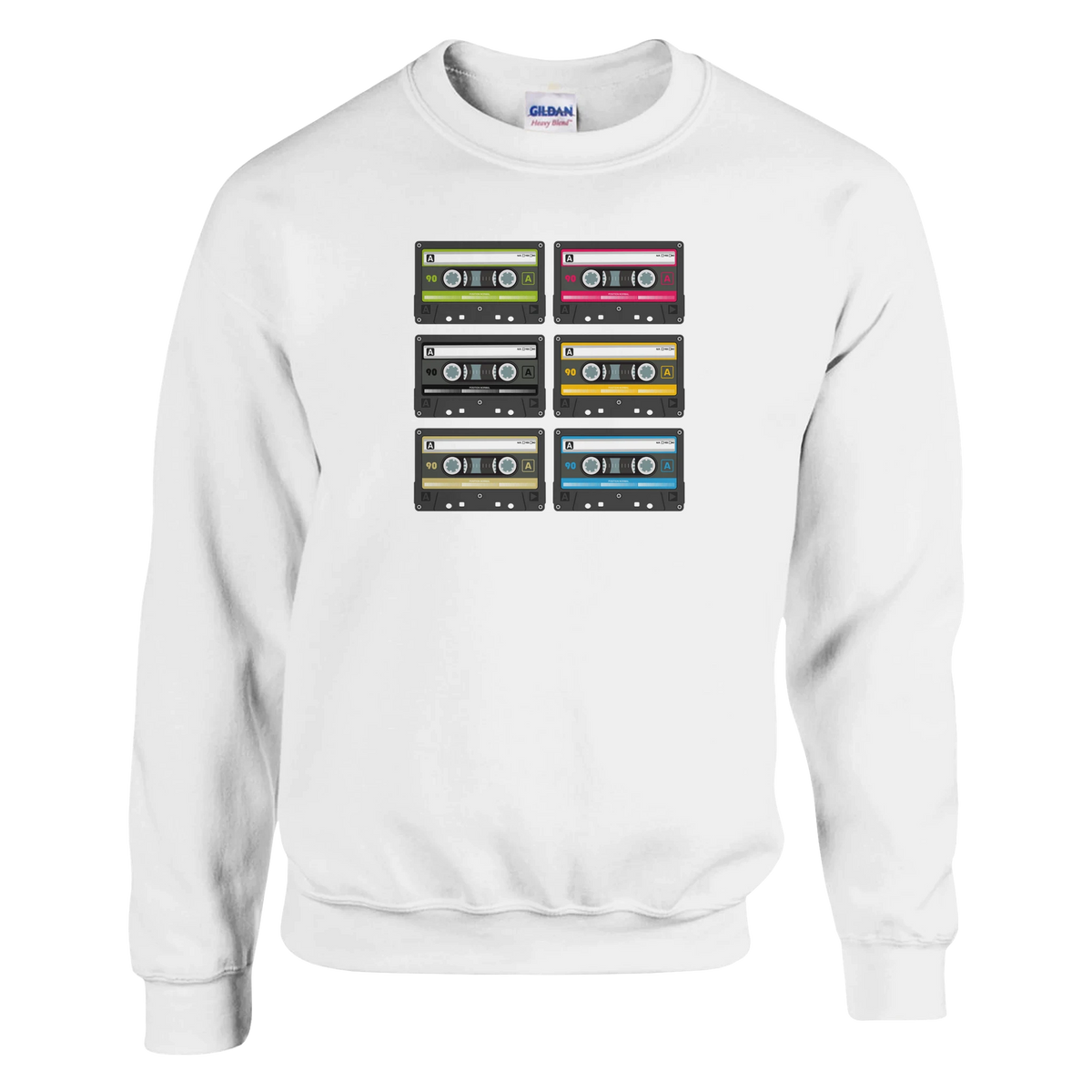 White women's sweatshirt featuring six colorful retro cassette tape graphics in a grid, capturing vintage 90s music nostalgia.