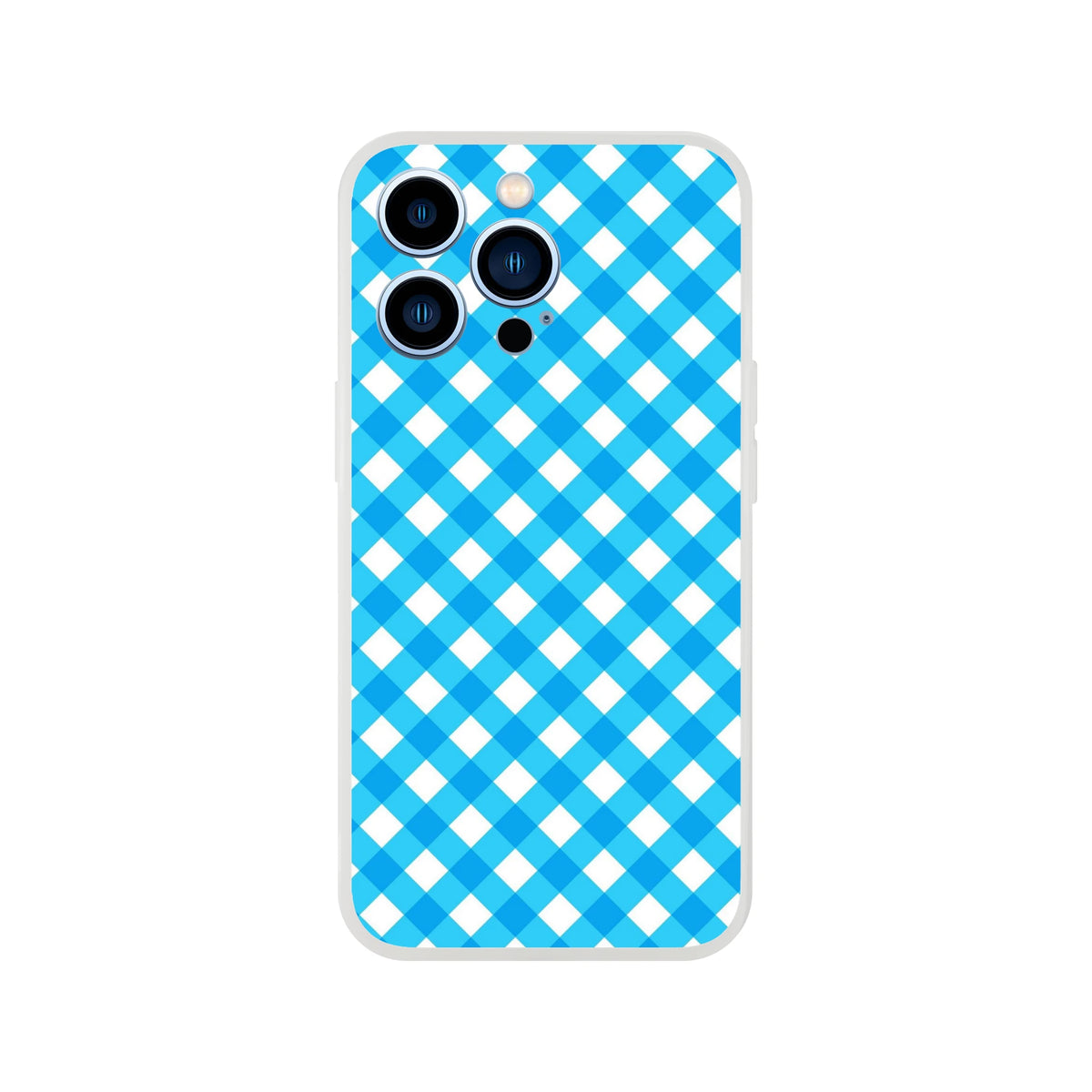 Blue gingham iPhone case for 13–16, preppy checkered aesthetic with a bold graphic print