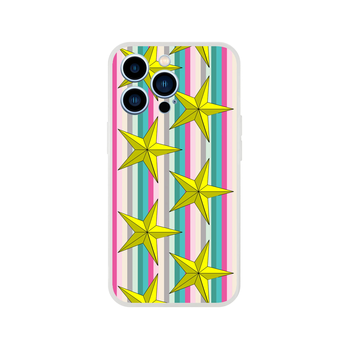 Pastel striped iPhone case with gold star pattern, slim matte TPU cover for iPhone 13–16.