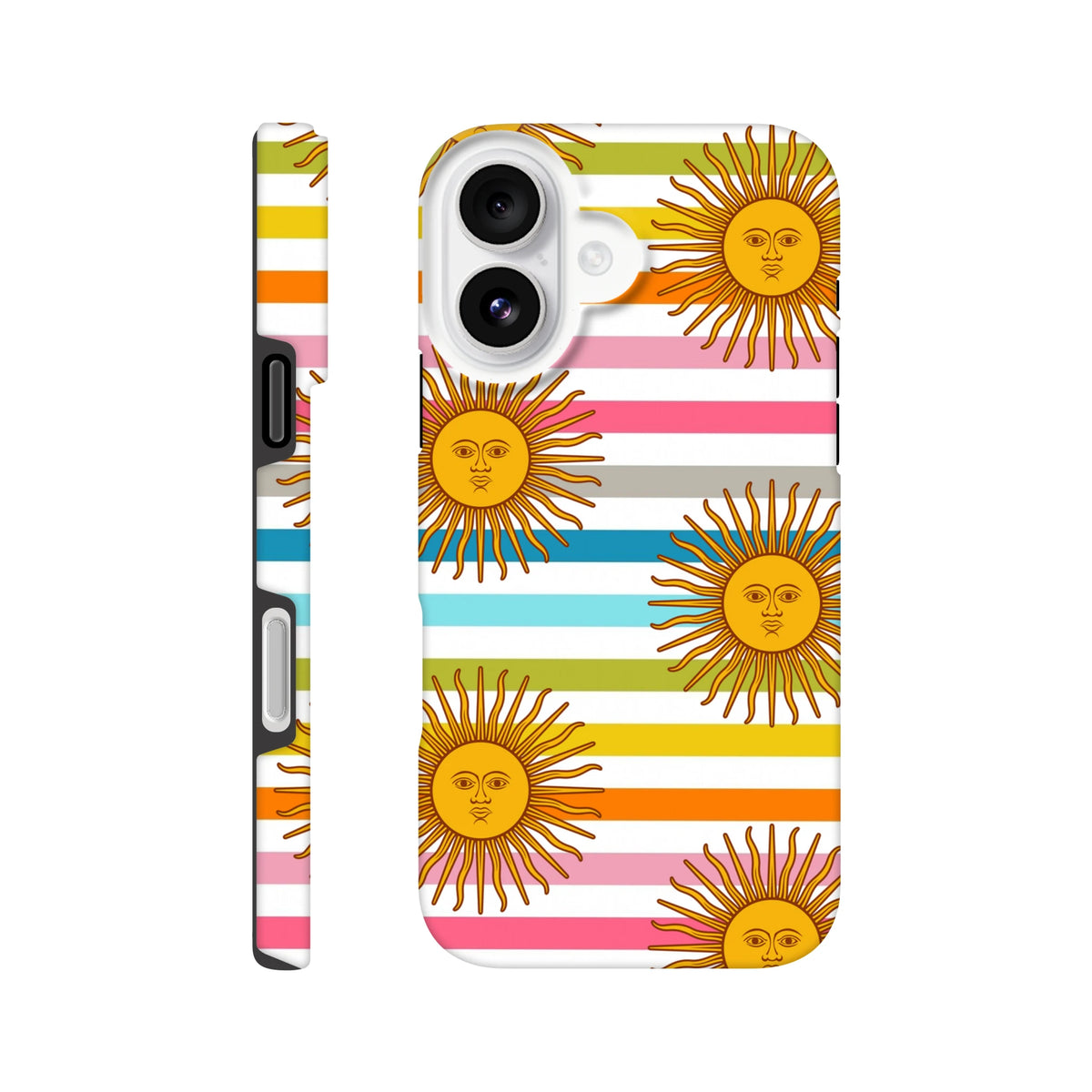 Retro sun stripe iPhone case featuring celestial sun faces with colorful horizontal stripes on a tough protective cover.