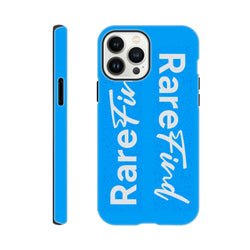 Rare Find blue tough iPhone case with vertical white slogan text. Streetwear phone cover for iPhone 13-16.