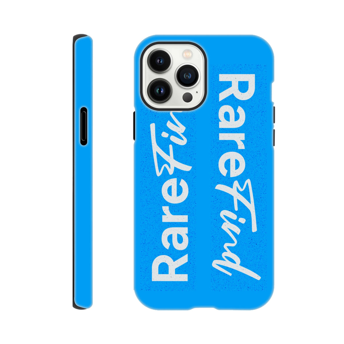Rare Find blue tough iPhone case with vertical white slogan text. Streetwear phone cover for iPhone 13-16.