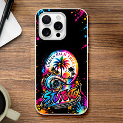 Turbo car culture iPhone case featuring colorful palm trees, vintage sunset, and turbocharger art with paint splatter details on black.