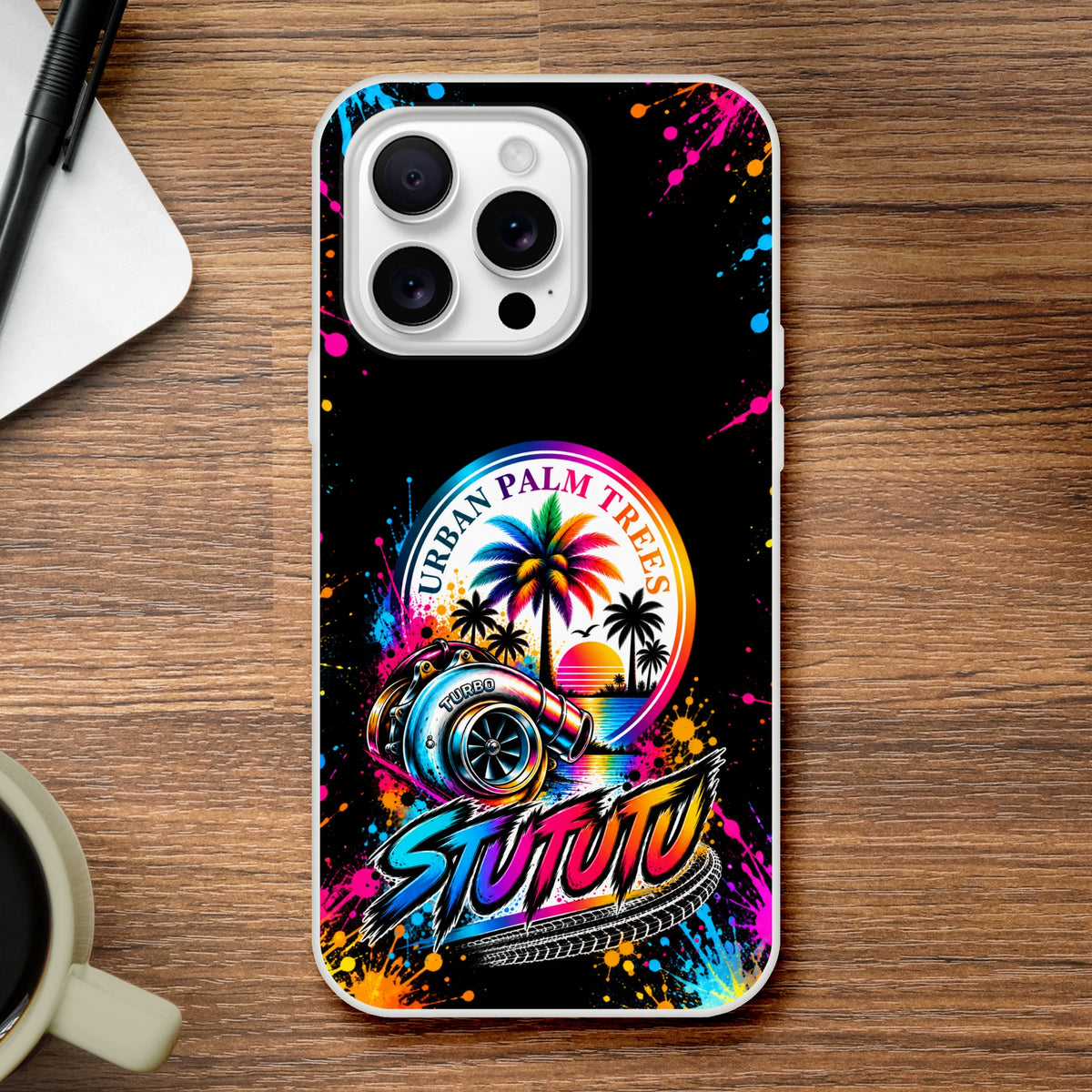 Turbo car culture iPhone case featuring colorful palm trees, vintage sunset, and turbocharger art with paint splatter details on black.