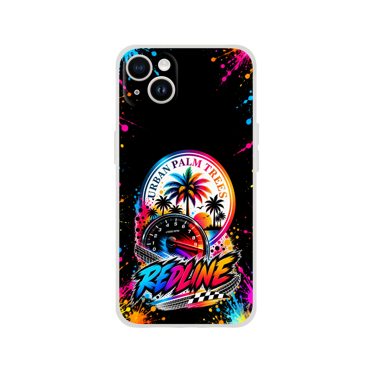 Vibrant Redline iPhone case featuring a tachometer, Urban Palm Trees graphic, and colorful paint splatters on a black matte background.