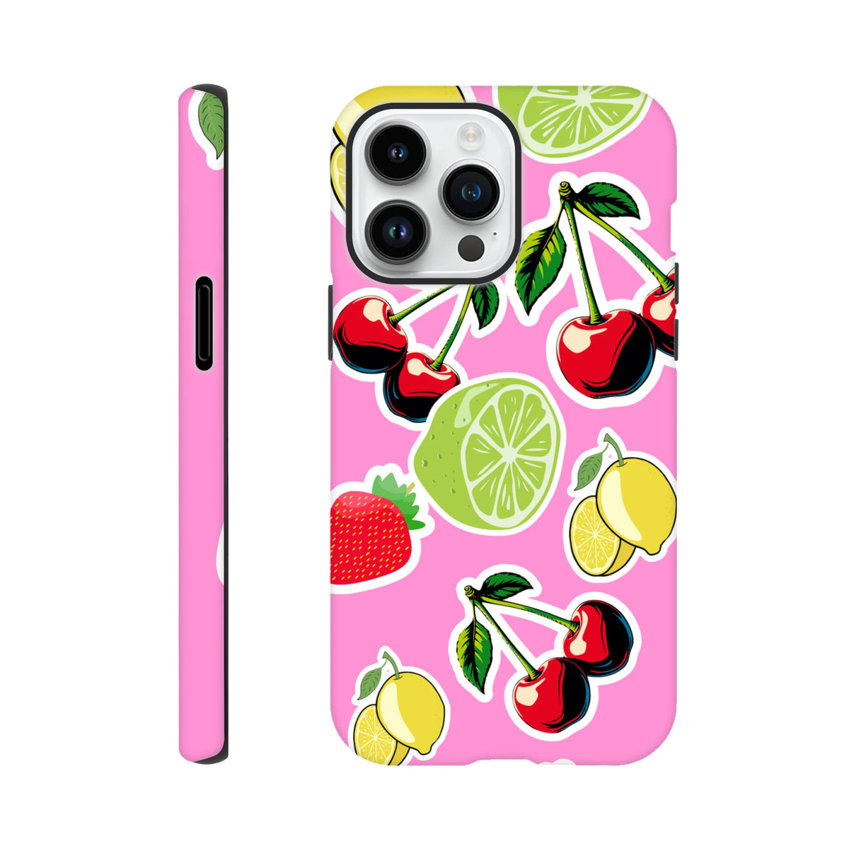 Pink iPhone case featuring cherry, lime, and lemon sticker art on a bright background. Tough protective cover with bold fruit graphics.