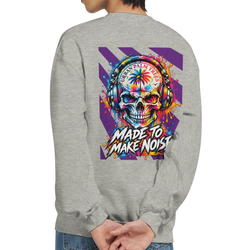 Grey men's sweatshirt featuring a colorful skull wearing headphones and "Made To Make Noise" back print.