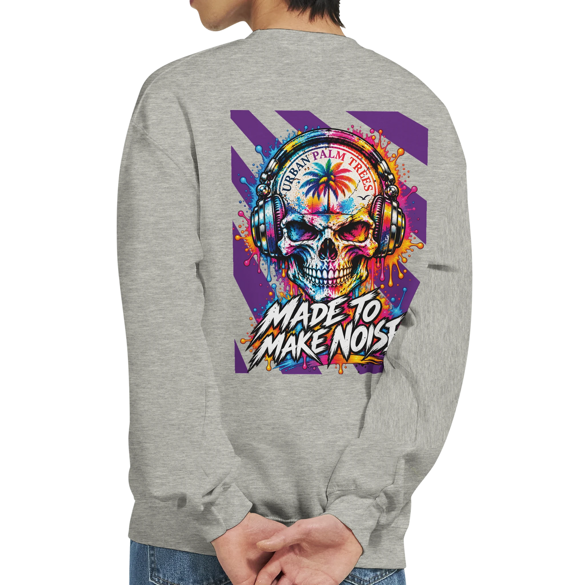 Grey men's sweatshirt featuring a colorful skull wearing headphones and "Made To Make Noise" back print.