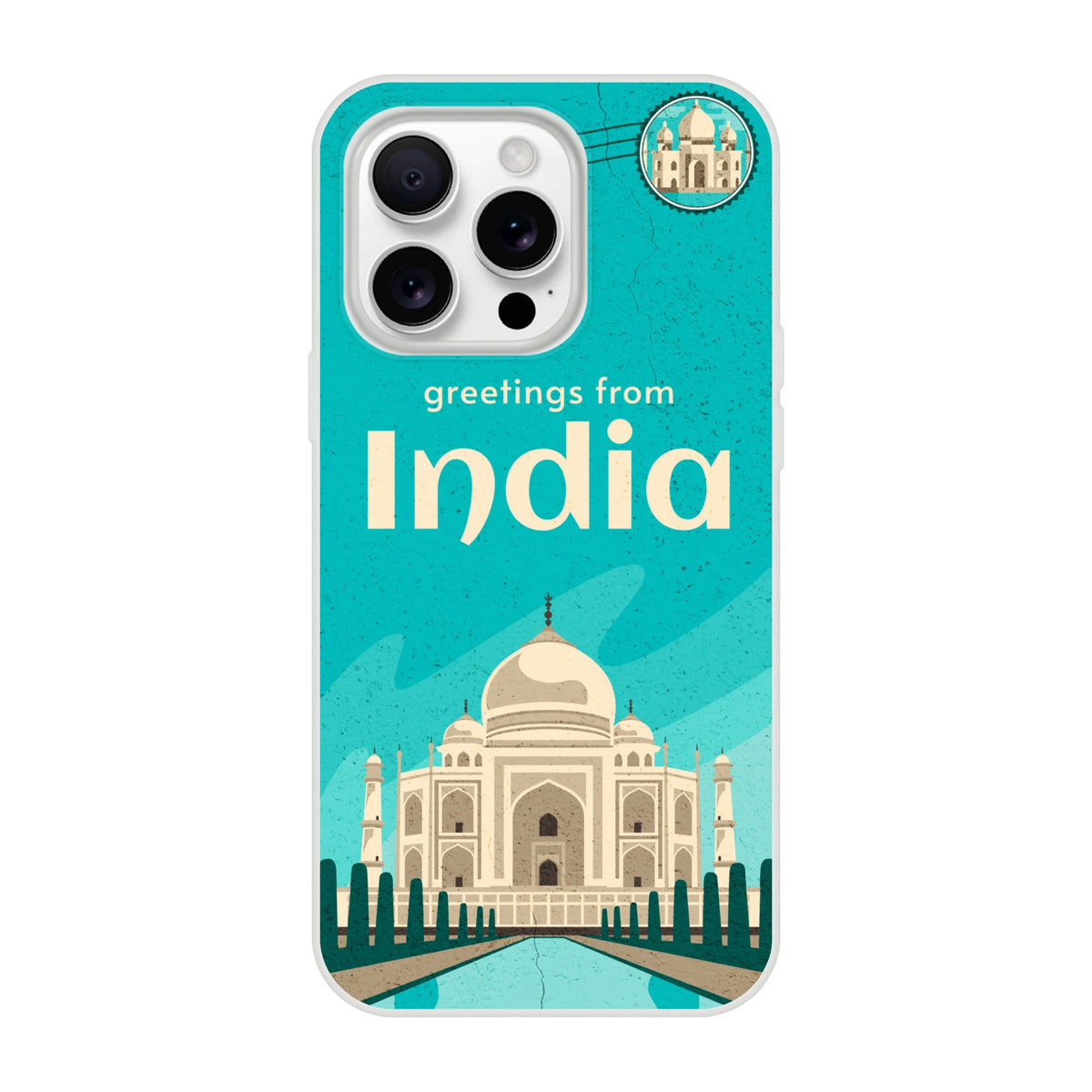 Vintage postcard-style iPhone case with India Taj Mahal illustration on teal background.