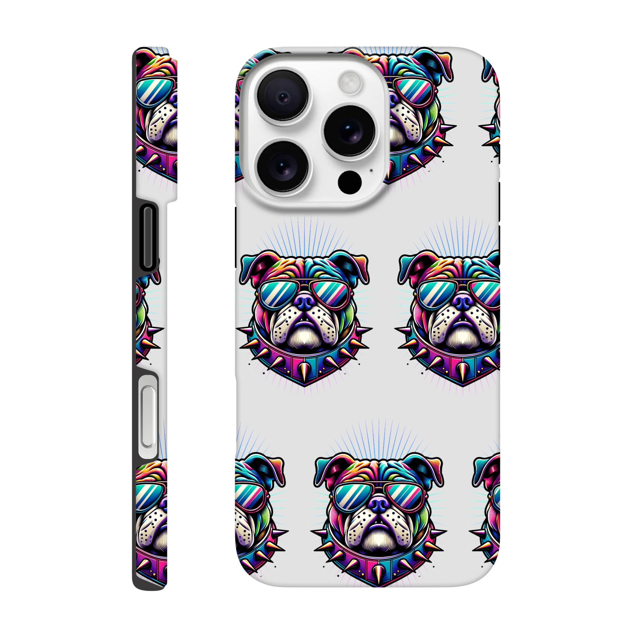 Colorful bulldog phone case for iPhone with repeated sunglasses-wearing bulldog heads pattern.