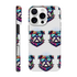 Colorful bulldog phone case for iPhone with repeated sunglasses-wearing bulldog heads pattern.