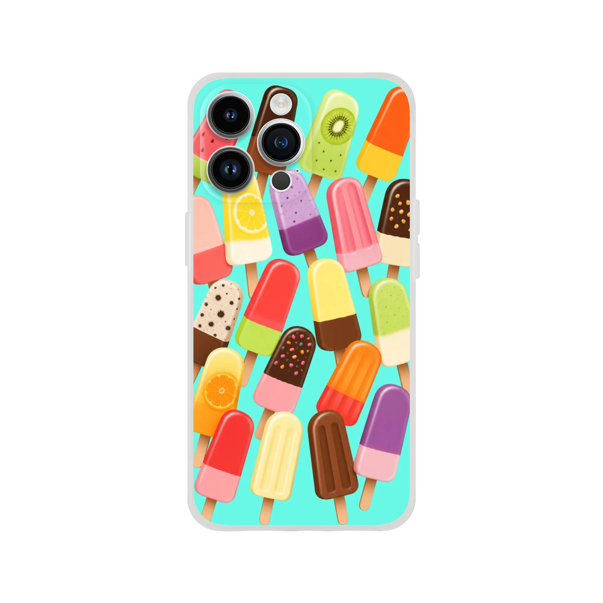 Retro summer popsicle iPhone case featuring colorful ice lollies on a turquoise background. Impact-ready TPU phone cover for daily wear.