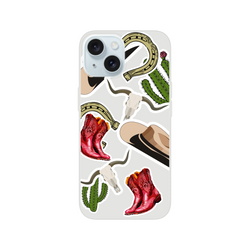 Western iPhone case featuring cowboy boots, cactus, horseshoe, and longhorn skull sticker graphics.