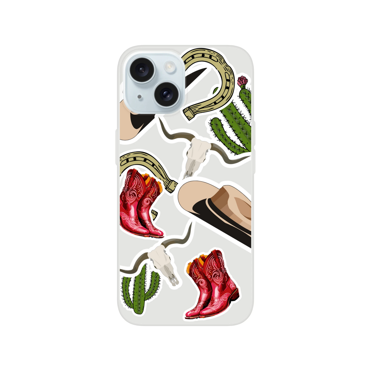 Western iPhone case featuring cowboy boots, cactus, horseshoe, and longhorn skull sticker graphics.