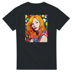 Black t-shirt featuring a vibrant pop art graphic of a blonde woman against a colorful retro polka dot background.