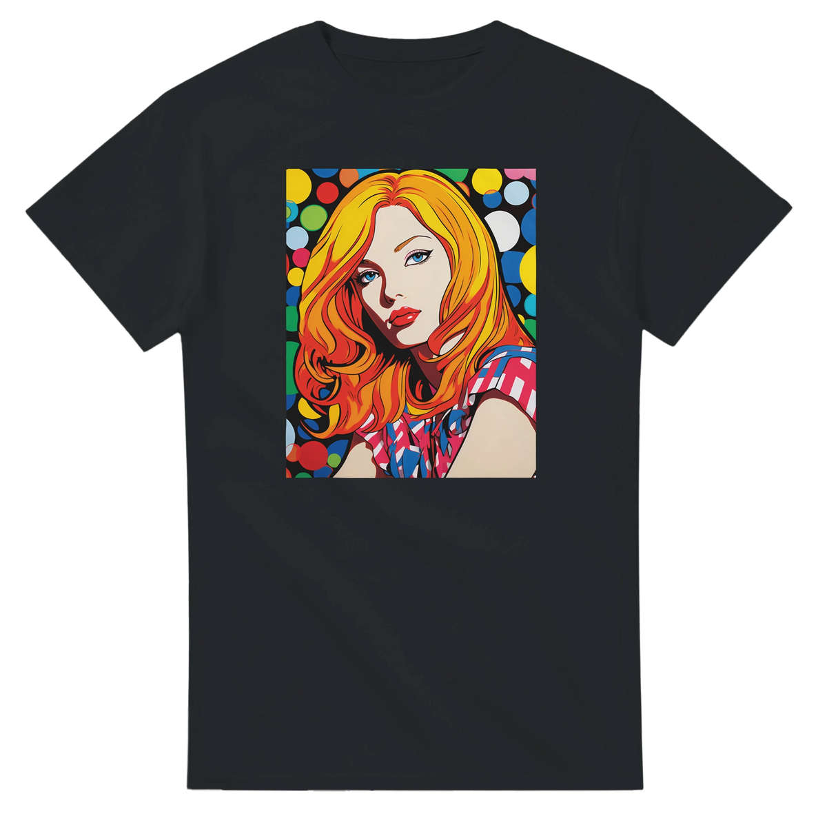 Black t-shirt featuring a vibrant pop art graphic of a blonde woman against a colorful retro polka dot background.