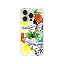Travel sticker iPhone case featuring palm trees, airplanes, passports, and compass designs for urban exploration.