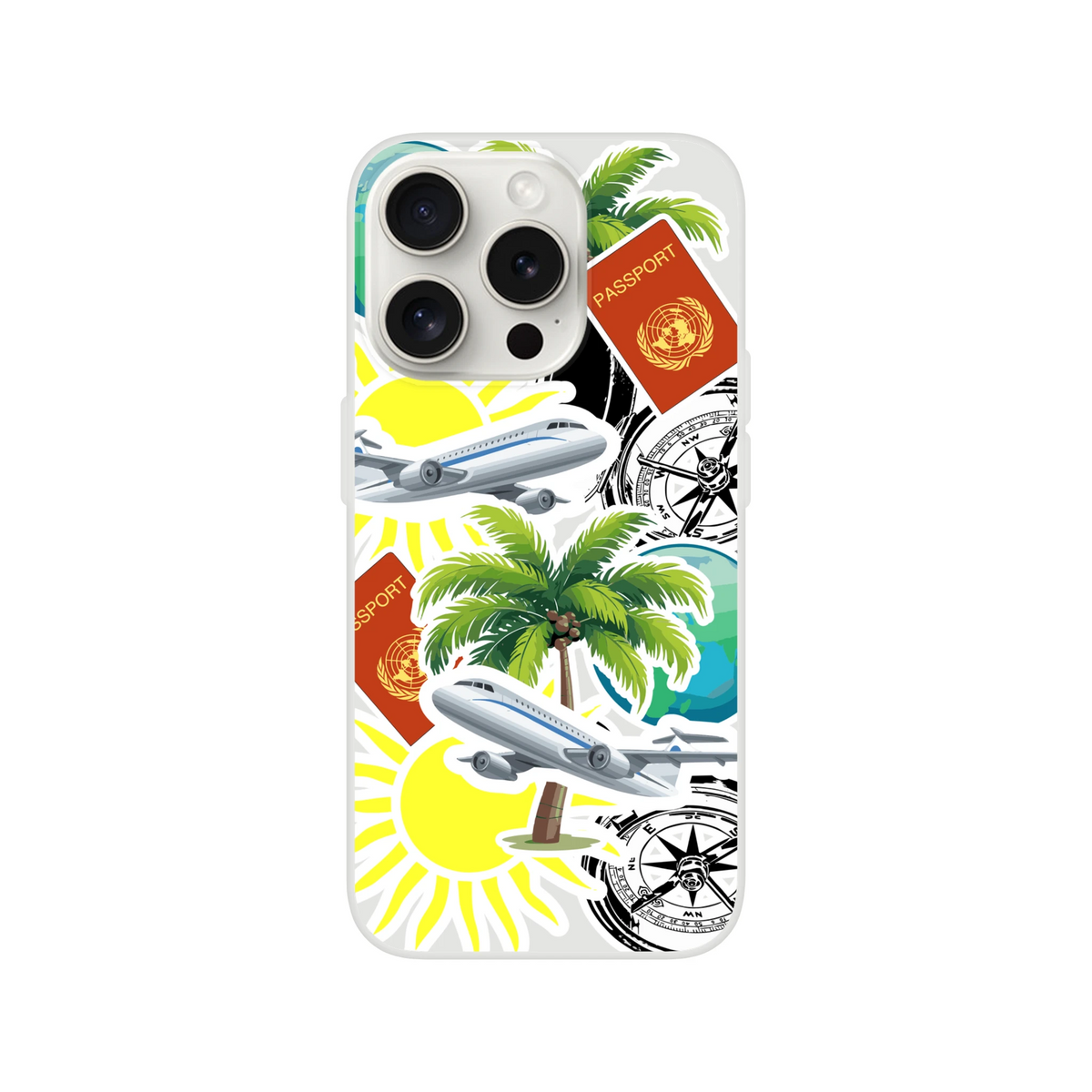 Travel sticker iPhone case featuring palm trees, airplanes, passports, and compass designs for urban exploration.