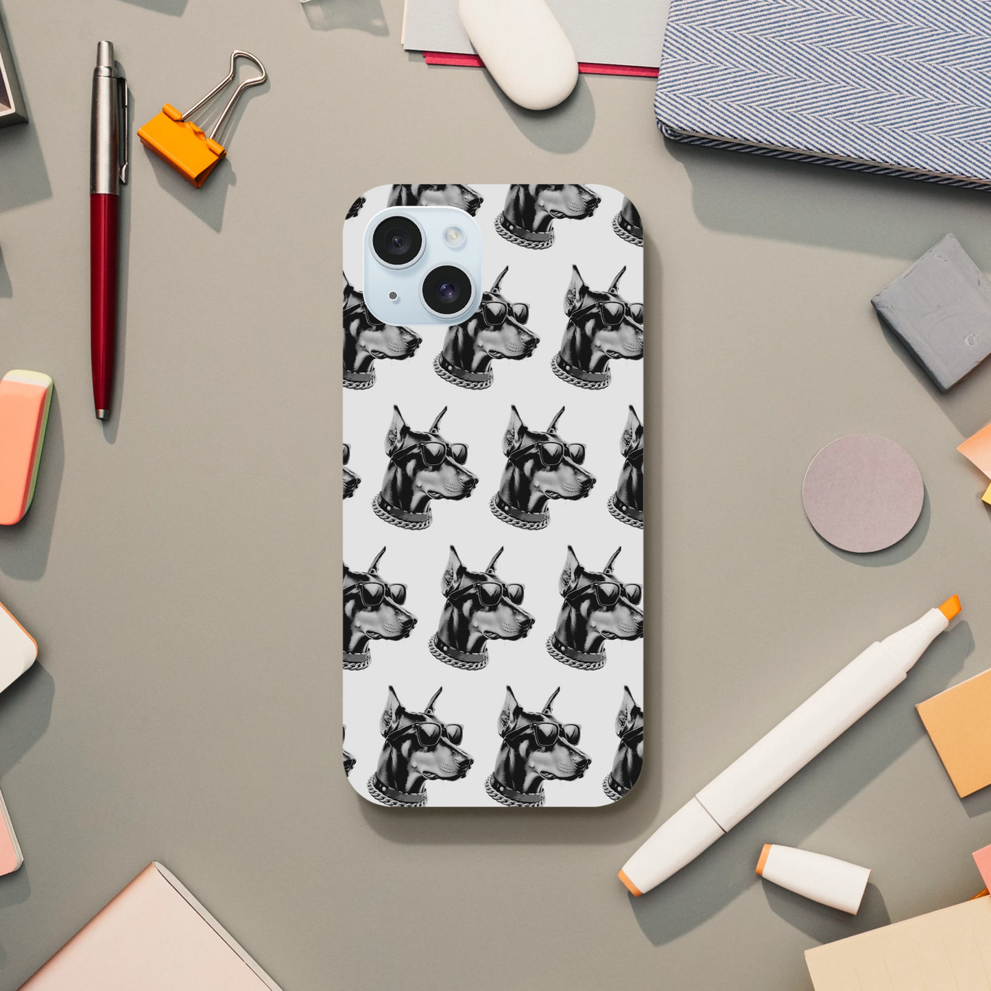 Gangster dog pattern phone case for iPhone 16, 15, 14, 13 with wraparound print of black dogs wearing sunglasses