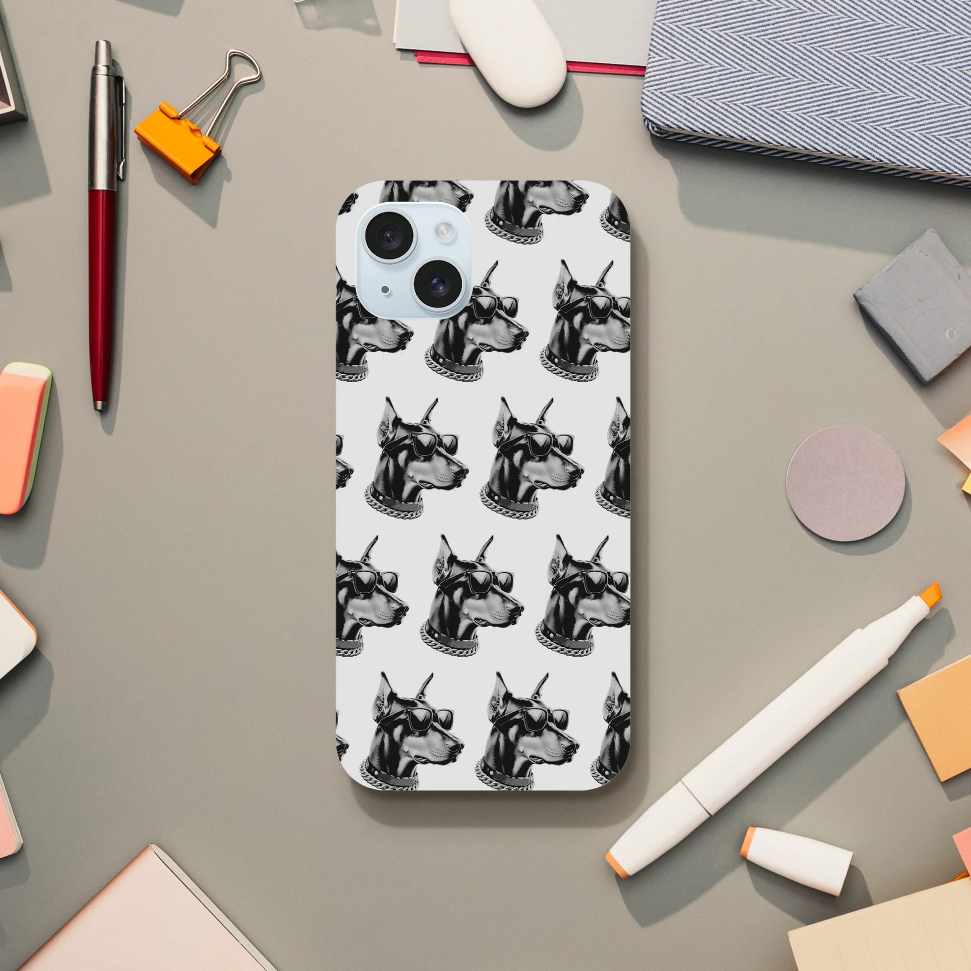 Gangster dog pattern phone case for iPhone 16, 15, 14, 13 with wraparound print of black dogs wearing sunglasses