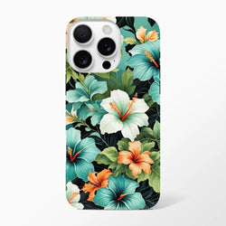 Tropical hibiscus iPhone case featuring teal, white, and orange floral art on a dark leafy background for shock absorption.