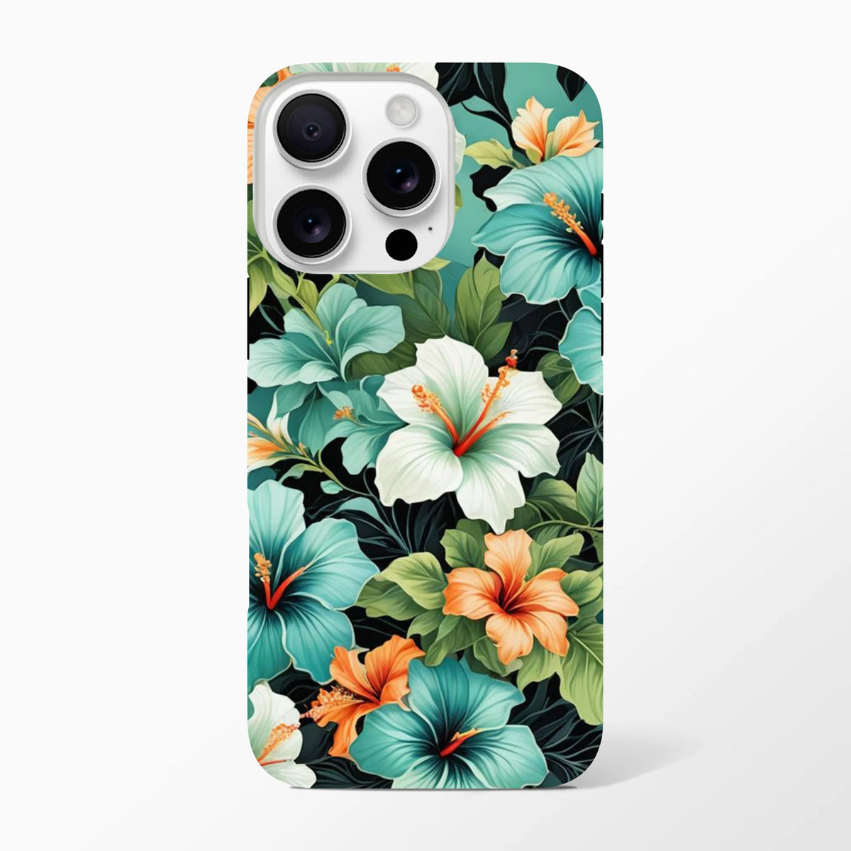 Tropical hibiscus iPhone case featuring teal, white, and orange floral art on a dark leafy background for shock absorption.