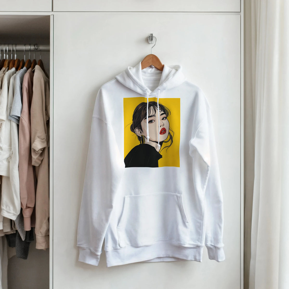 White vintage graphic streetwear pullover featuring retro brunette pop art woman illustration on yellow background.
