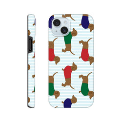 Cute Dachshund iPhone case featuring sausage dogs in colorful sweaters on a blue striped background. Tough phone cover for iPhone 13-16.