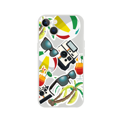 Transparent iPhone case featuring a summer holiday sticker design with palm trees, sunglasses, beach balls, cocktails, and a vintage camera.